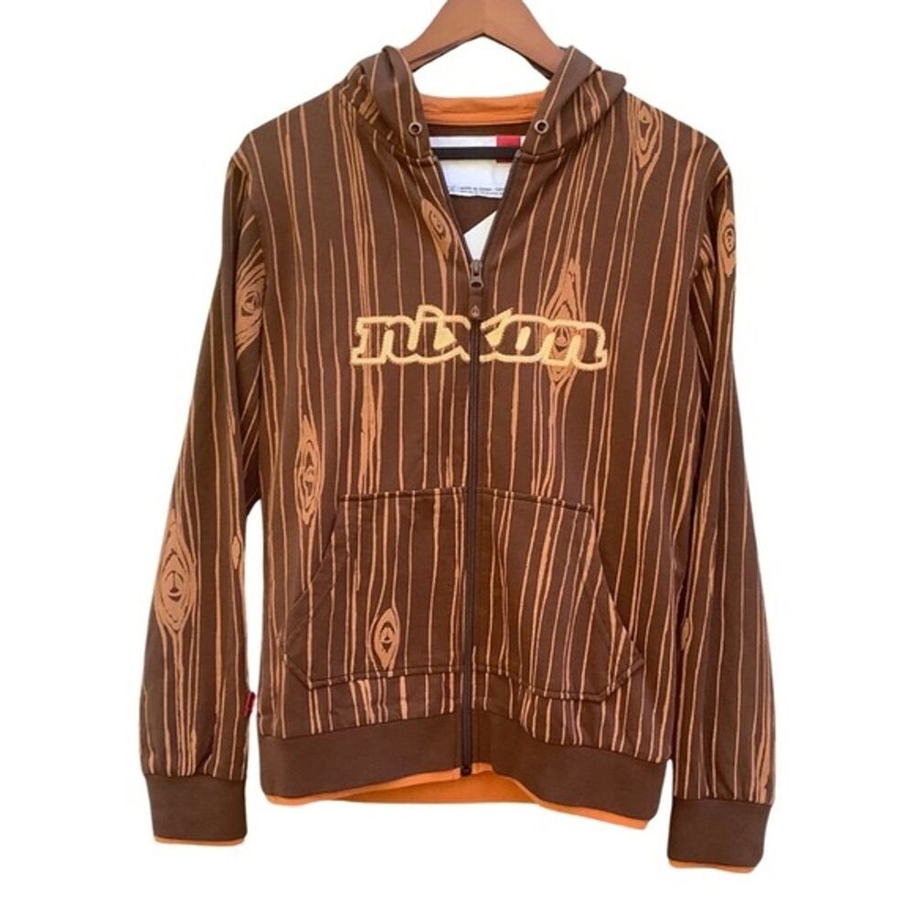 Nixon Woodgrain Print Zip Hoodie Brown Streetwear Lightweight Jacket, Large NWT - Picture 2 of 4